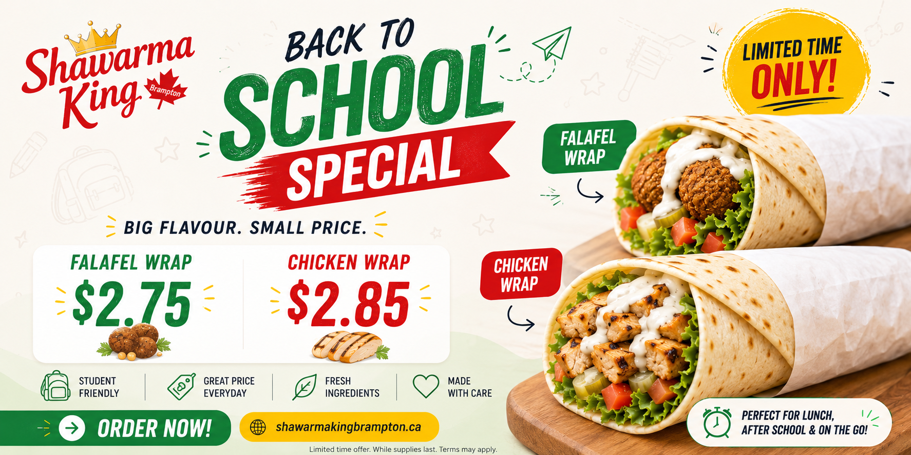 Shawarma King Brampton Back to School Special with $2.75 Falafel Wrap and $2.85 Chicken Wrap